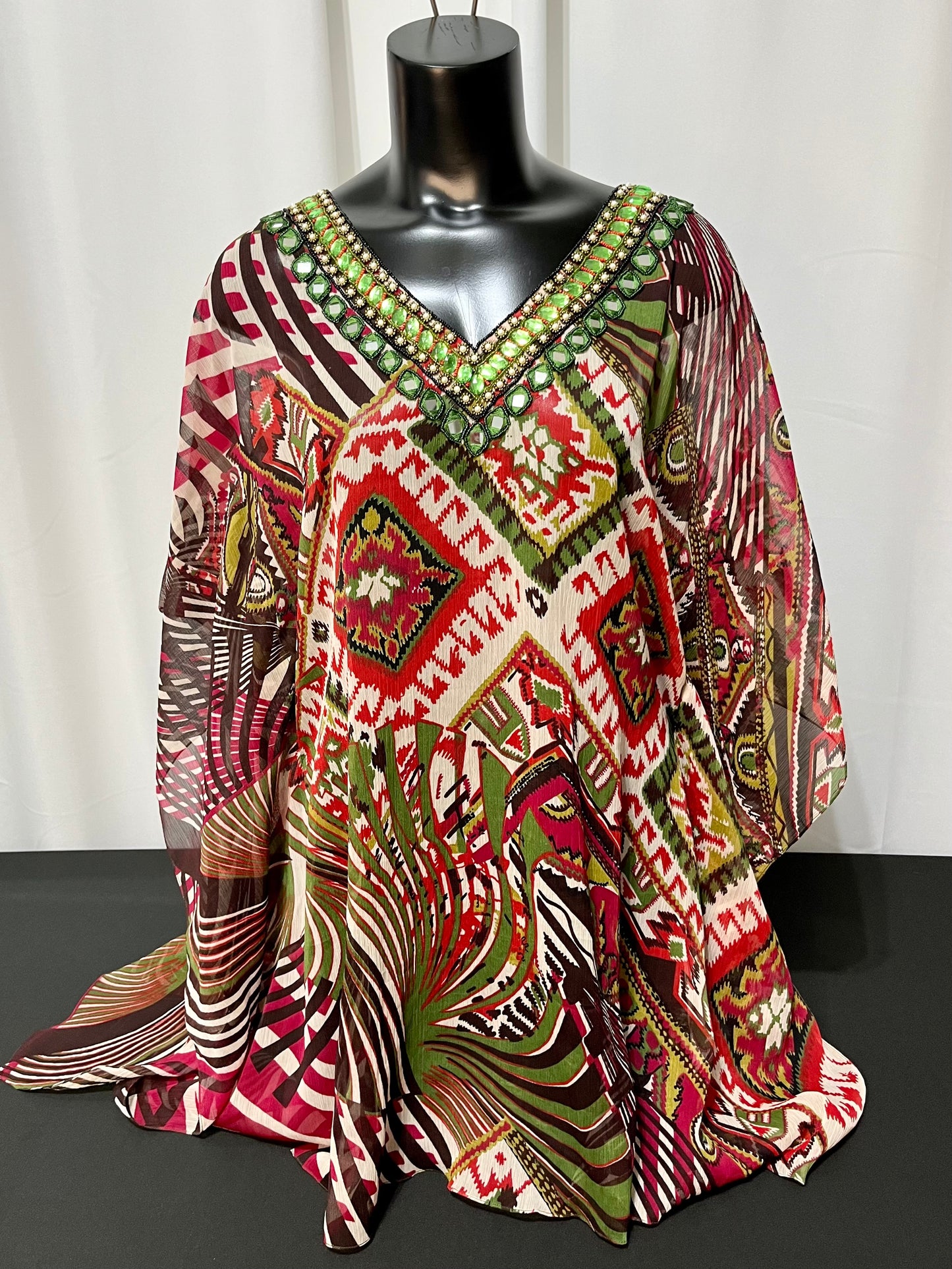 Green & Red Jewel Neck Sheer Tunic Top