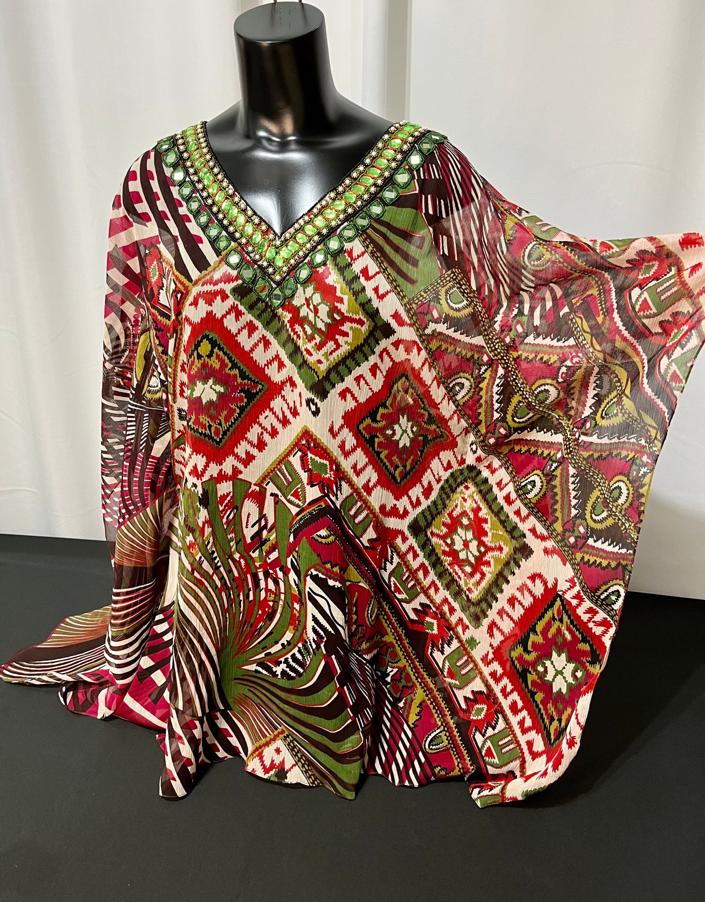 Green & Red Jewel Neck Sheer Tunic Top