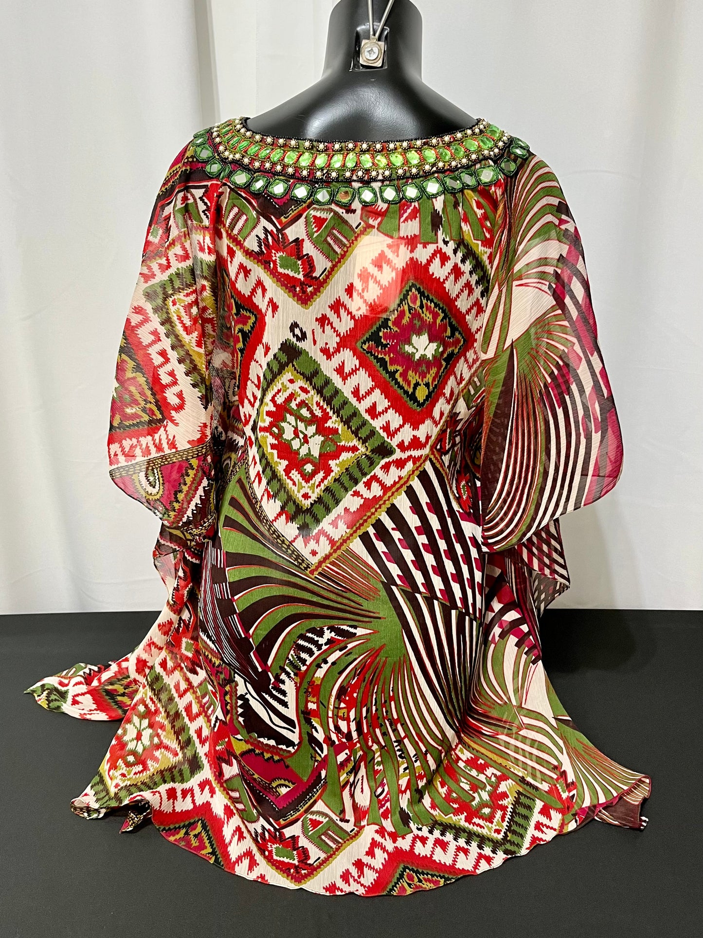 Green & Red Jewel Neck Sheer Tunic Top