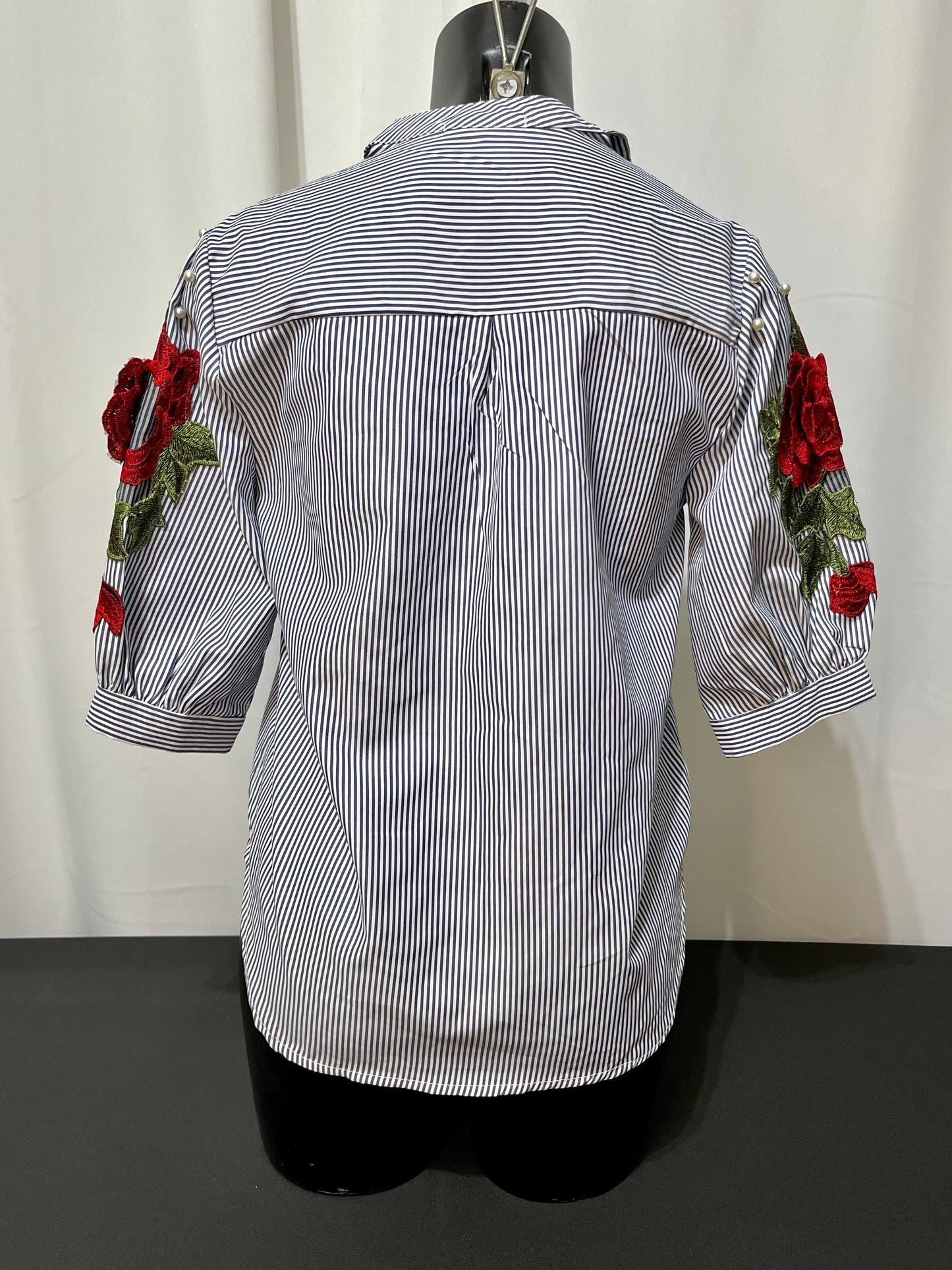 Blue & White Pinstripe with Rose on Arm Top