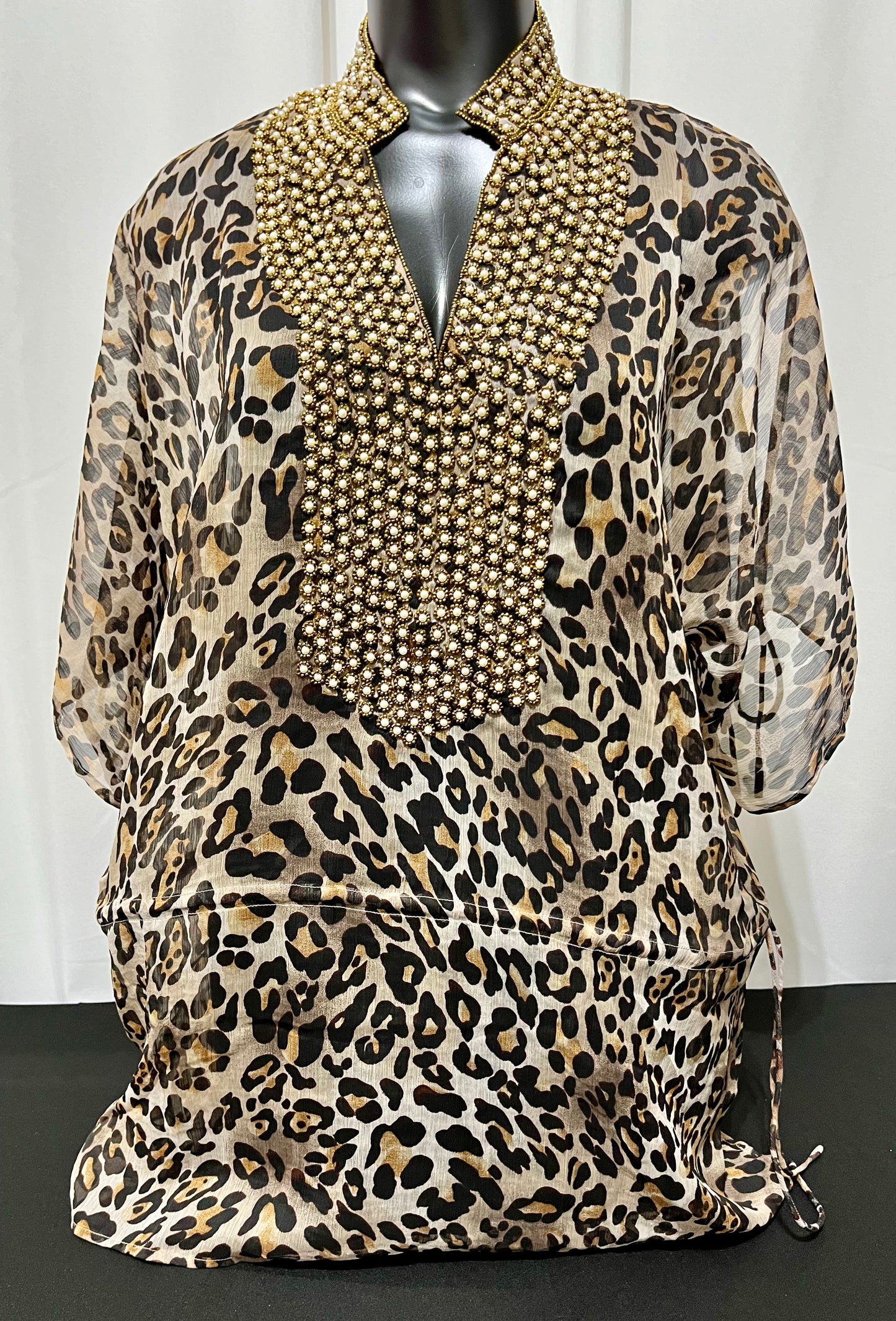 Leopard Jewel Neck Sheer Tunic Top