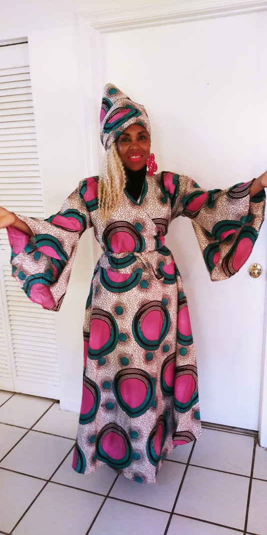 Long Wrap Dress - Pink Circles